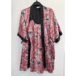 Sante Women's Size L Robe Kimono Lingerie Chemise Set Satin Floral Pink/Black